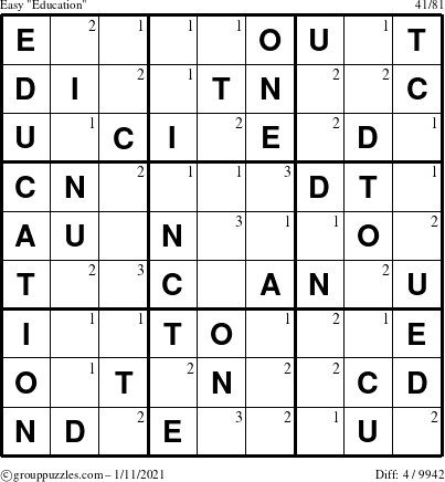 The grouppuzzles.com Easy Education-c1 puzzle for Monday January 11, 2021 with the first 3 steps marked