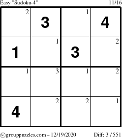 The grouppuzzles.com Easy Sudoku-4 puzzle for Saturday December 19, 2020 with the first 3 steps marked