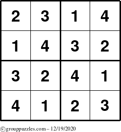 The grouppuzzles.com Answer grid for the Sudoku-4 puzzle for Saturday December 19, 2020