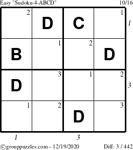 The grouppuzzles.com Easy Sudoku-4-ABCD puzzle for Saturday December 19, 2020, suitable for printing, with all 3 steps marked