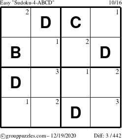 The grouppuzzles.com Easy Sudoku-4-ABCD puzzle for Saturday December 19, 2020 with the first 3 steps marked