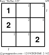 The grouppuzzles.com Easy TicTac-123 puzzle for Saturday December 19, 2020 with all 2 steps marked