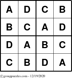 The grouppuzzles.com Answer grid for the Sudoku-4-ABCD puzzle for Saturday December 19, 2020