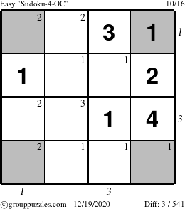 The grouppuzzles.com Easy Sudoku-4-OC puzzle for Saturday December 19, 2020, suitable for printing, with all 3 steps marked