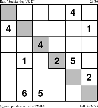 The grouppuzzles.com Easy Sudoku-6up-UR-D puzzle for Saturday December 19, 2020