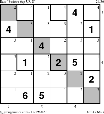 The grouppuzzles.com Easy Sudoku-6up-UR-D puzzle for Saturday December 19, 2020, suitable for printing, with all 4 steps marked