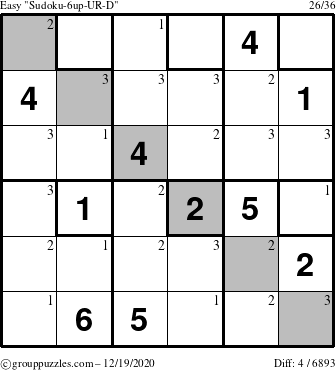 The grouppuzzles.com Easy Sudoku-6up-UR-D puzzle for Saturday December 19, 2020 with the first 3 steps marked