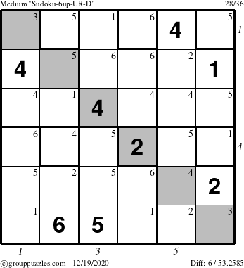 The grouppuzzles.com Medium Sudoku-6up-UR-D puzzle for Saturday December 19, 2020 with all 6 steps marked