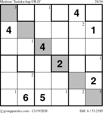 The grouppuzzles.com Medium Sudoku-6up-UR-D puzzle for Saturday December 19, 2020 with the first 3 steps marked