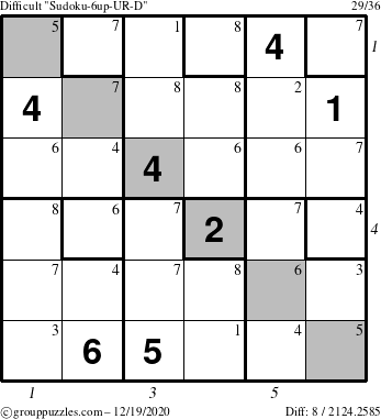 The grouppuzzles.com Difficult Sudoku-6up-UR-D puzzle for Saturday December 19, 2020 with all 8 steps marked