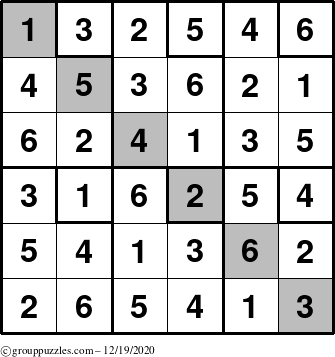 The grouppuzzles.com Answer grid for the Sudoku-6up-UR-D puzzle for Saturday December 19, 2020