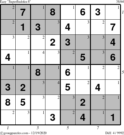 The grouppuzzles.com Easy SuperSudoku-8 puzzle for Saturday December 19, 2020, suitable for printing, with all 4 steps marked