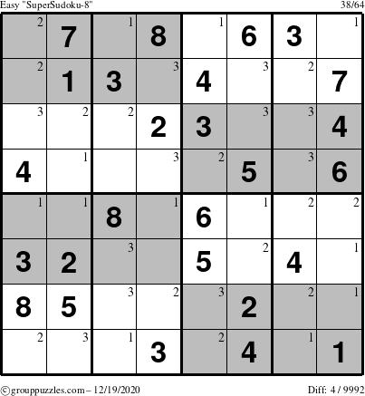 The grouppuzzles.com Easy SuperSudoku-8 puzzle for Saturday December 19, 2020 with the first 3 steps marked