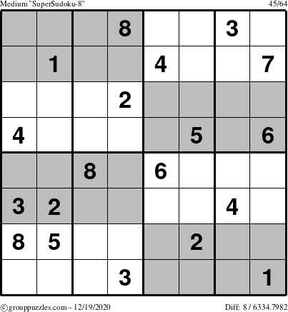 The grouppuzzles.com Medium SuperSudoku-8 puzzle for Saturday December 19, 2020