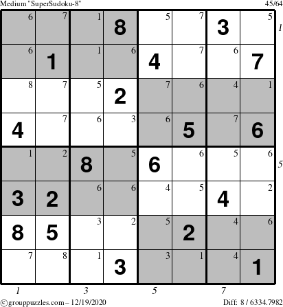 The grouppuzzles.com Medium SuperSudoku-8 puzzle for Saturday December 19, 2020 with all 8 steps marked