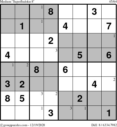 The grouppuzzles.com Medium SuperSudoku-8 puzzle for Saturday December 19, 2020 with the first 3 steps marked