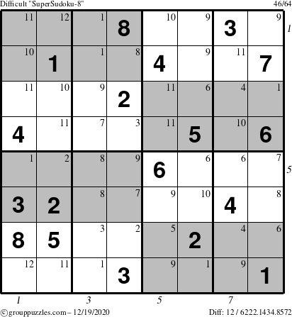 The grouppuzzles.com Difficult SuperSudoku-8 puzzle for Saturday December 19, 2020 with all 12 steps marked