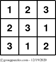 The grouppuzzles.com Answer grid for the TicTac-123 puzzle for Saturday December 19, 2020