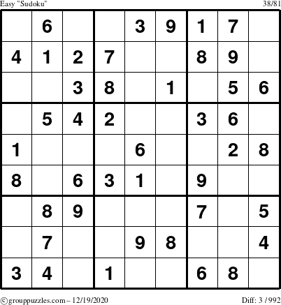 The grouppuzzles.com Easy Sudoku puzzle for Saturday December 19, 2020