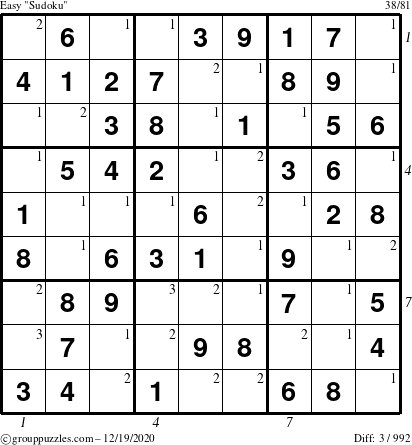 The grouppuzzles.com Easy Sudoku puzzle for Saturday December 19, 2020 with all 3 steps marked