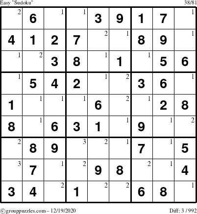 The grouppuzzles.com Easy Sudoku puzzle for Saturday December 19, 2020 with the first 3 steps marked