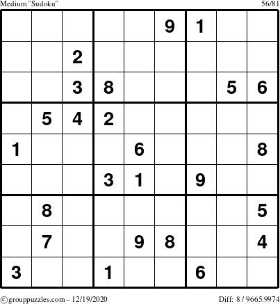 The grouppuzzles.com Medium Sudoku puzzle for Saturday December 19, 2020