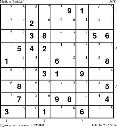 The grouppuzzles.com Medium Sudoku puzzle for Saturday December 19, 2020 with all 8 steps marked