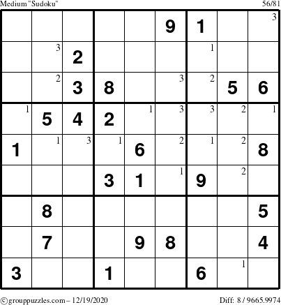 The grouppuzzles.com Medium Sudoku puzzle for Saturday December 19, 2020 with the first 3 steps marked