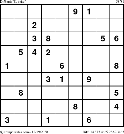 The grouppuzzles.com Difficult Sudoku puzzle for Saturday December 19, 2020