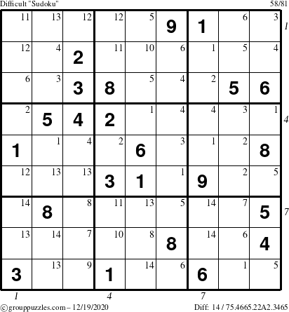 The grouppuzzles.com Difficult Sudoku puzzle for Saturday December 19, 2020, suitable for printing, with all 14 steps marked