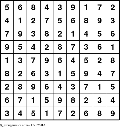 The grouppuzzles.com Answer grid for the Sudoku puzzle for Saturday December 19, 2020