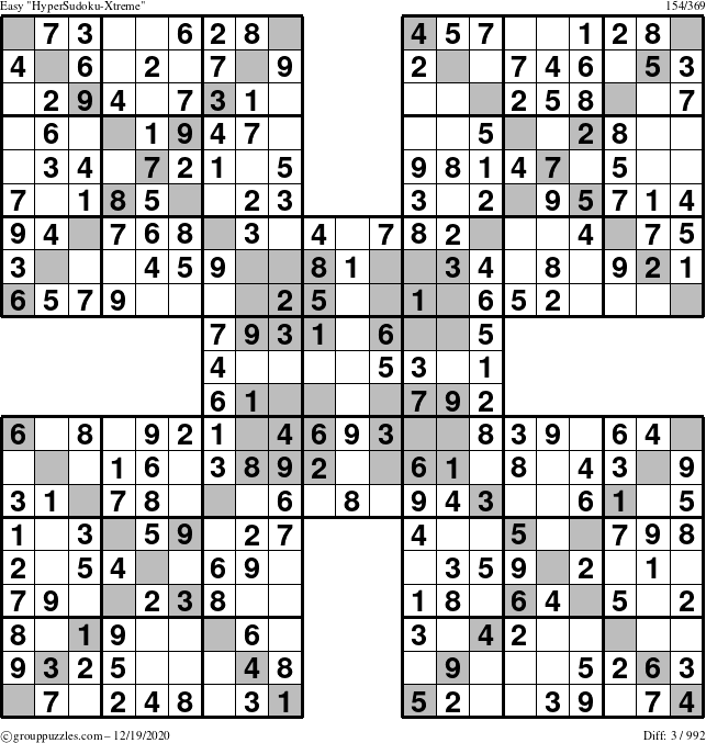 The grouppuzzles.com Easy HyperSudoku-Xtreme puzzle for Saturday December 19, 2020