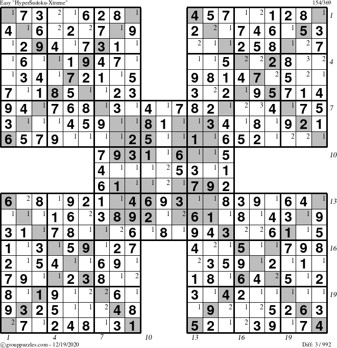 The grouppuzzles.com Easy HyperSudoku-Xtreme puzzle for Saturday December 19, 2020 with all 3 steps marked