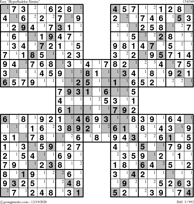 The grouppuzzles.com Easy HyperSudoku-Xtreme puzzle for Saturday December 19, 2020 with the first 3 steps marked