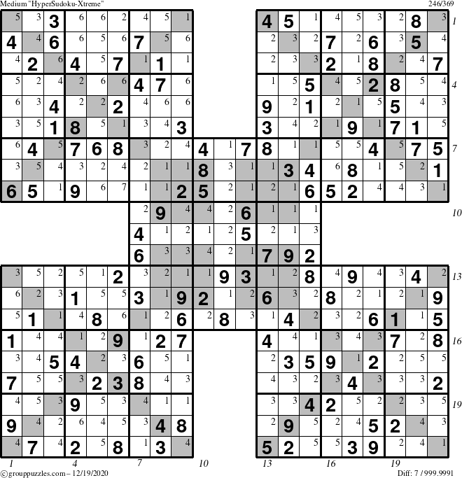 The grouppuzzles.com Medium HyperSudoku-Xtreme puzzle for Saturday December 19, 2020, suitable for printing, with all 7 steps marked