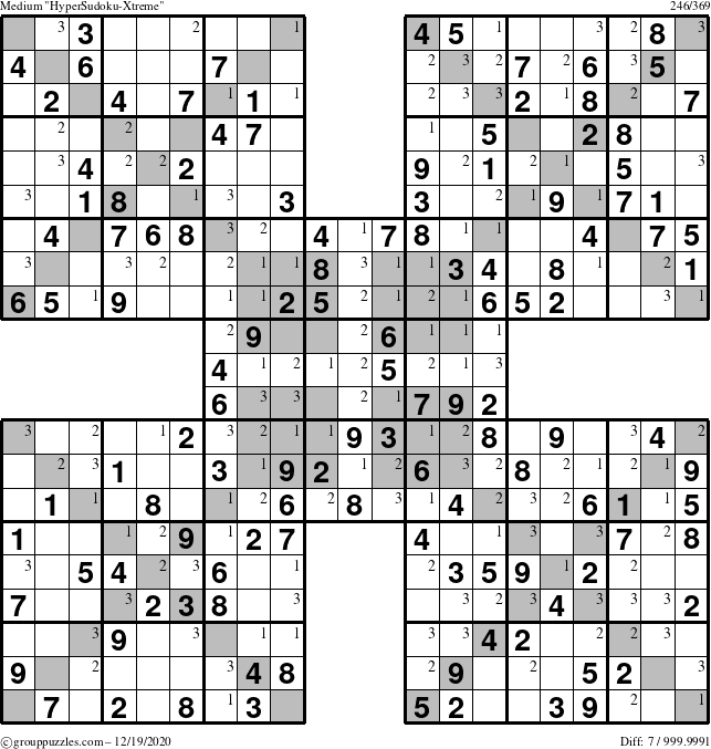 The grouppuzzles.com Medium HyperSudoku-Xtreme puzzle for Saturday December 19, 2020 with the first 3 steps marked