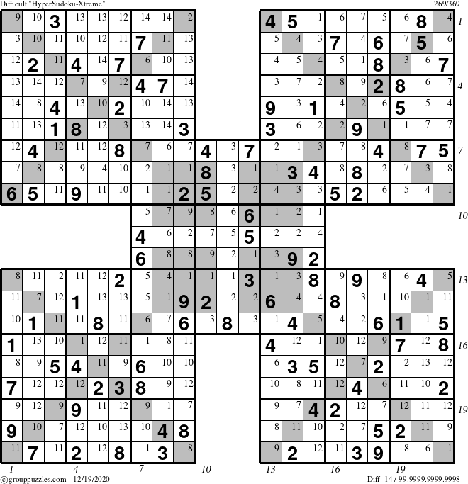 The grouppuzzles.com Difficult HyperSudoku-Xtreme puzzle for Saturday December 19, 2020 with all 14 steps marked