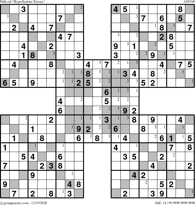 The grouppuzzles.com Difficult HyperSudoku-Xtreme puzzle for Saturday December 19, 2020 with the first 3 steps marked