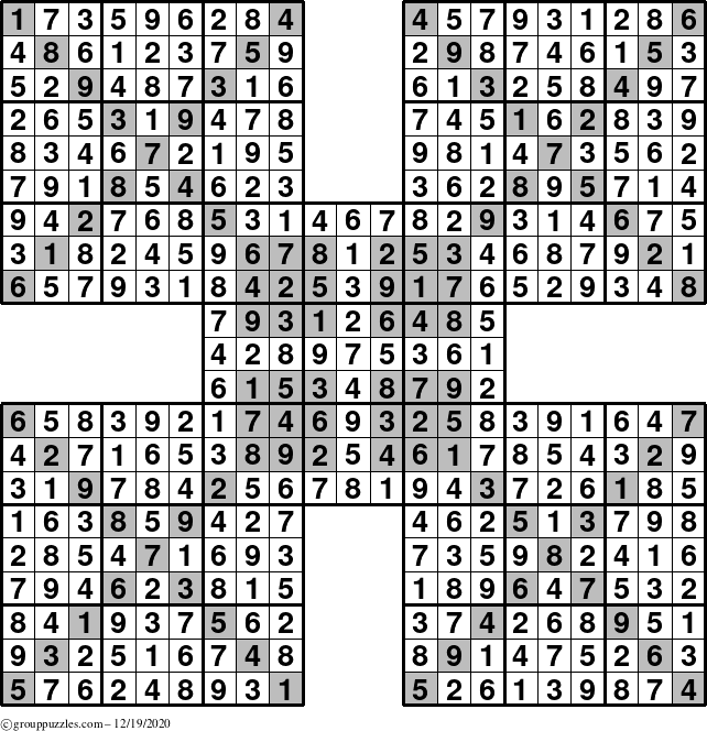 The grouppuzzles.com Answer grid for the HyperSudoku-Xtreme puzzle for Saturday December 19, 2020