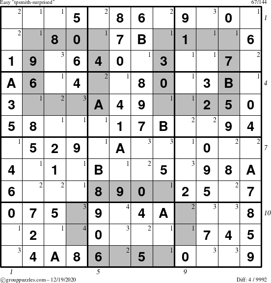 The grouppuzzles.com Easy tpsmith-surprised puzzle for Saturday December 19, 2020 with all 4 steps marked