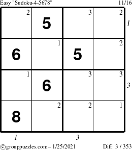 The grouppuzzles.com Easy Sudoku-4-5678 puzzle for Monday January 25, 2021 with all 3 steps marked