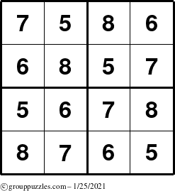 The grouppuzzles.com Answer grid for the Sudoku-4-5678 puzzle for Monday January 25, 2021