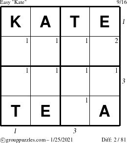 The grouppuzzles.com Easy Kate puzzle for Monday January 25, 2021 with all 2 steps marked