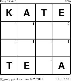 The grouppuzzles.com Easy Kate puzzle for Monday January 25, 2021 with the first 2 steps marked