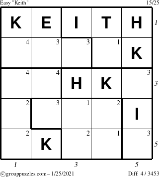 The grouppuzzles.com Easy Keith puzzle for Monday January 25, 2021, suitable for printing, with all 4 steps marked