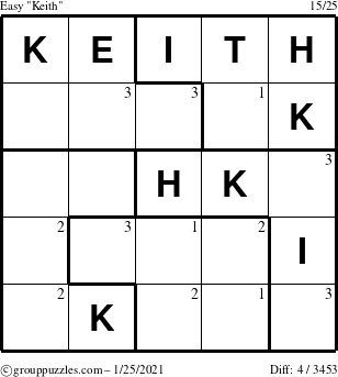 The grouppuzzles.com Easy Keith puzzle for Monday January 25, 2021 with the first 3 steps marked