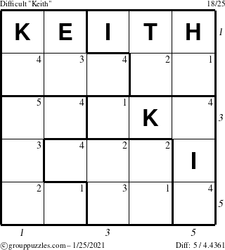 The grouppuzzles.com Difficult Keith puzzle for Monday January 25, 2021 with all 5 steps marked