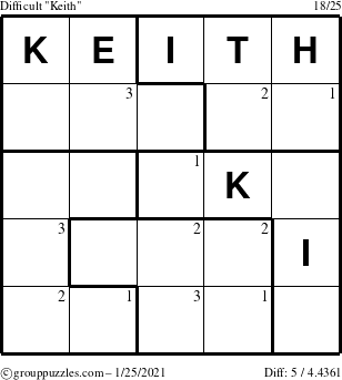 The grouppuzzles.com Difficult Keith puzzle for Monday January 25, 2021 with the first 3 steps marked