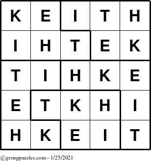 The grouppuzzles.com Answer grid for the Keith puzzle for Monday January 25, 2021