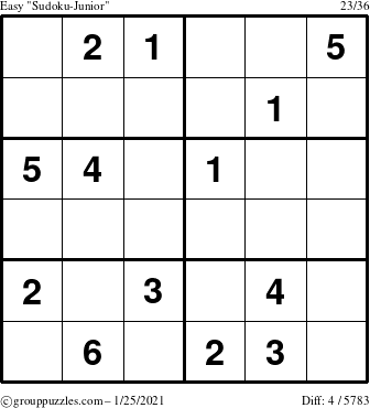 The grouppuzzles.com Easy Sudoku-Junior puzzle for Monday January 25, 2021